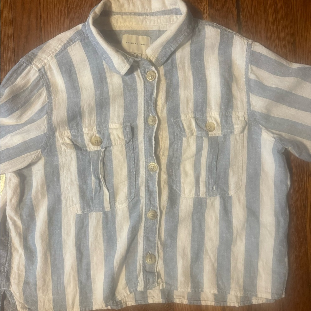 American Eagle Outfitters Blue and White Button Down Shirt, Linen Blend